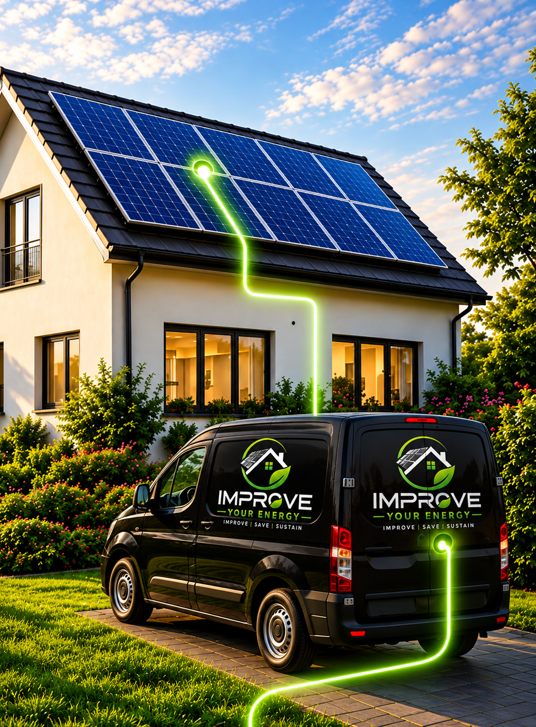 Improve Your Energy van outside a home fitted with solar panels